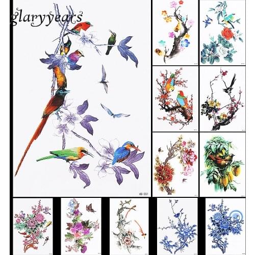 12 Pieces Flower Bird Pattern Design Tattoo Sticker Wintersweet Peony Fish Decal Temporary Body Art Tattoo Sticker Chinese HB#19