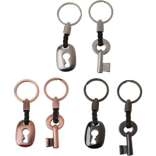 2Pc Creative Lock Key Matching Leather Couple Keychain Keyring Kit Lover Jewelry