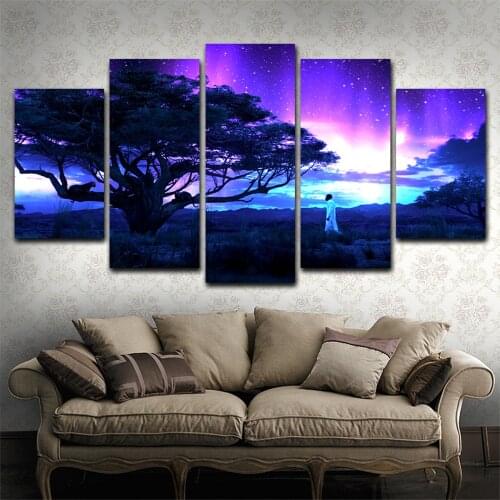 5 Piece Wall Art Canvas Painting Landscape Purple Magic Tree Poster Modern Living Room Home Decoration Pictures Framework