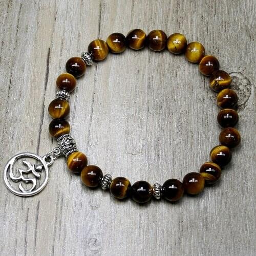 Natural 8mm Beads Men Charm OM Bracelet,Tiger Eye Yoga Strand Beaded Bracelet For Women & Men,Stretch Elastic Bracelet