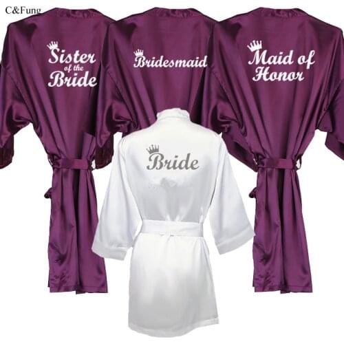 C&Fung royal purple bride robe white writing crown women kimono wedding dressing bridesmaid sister mother of the bride robes