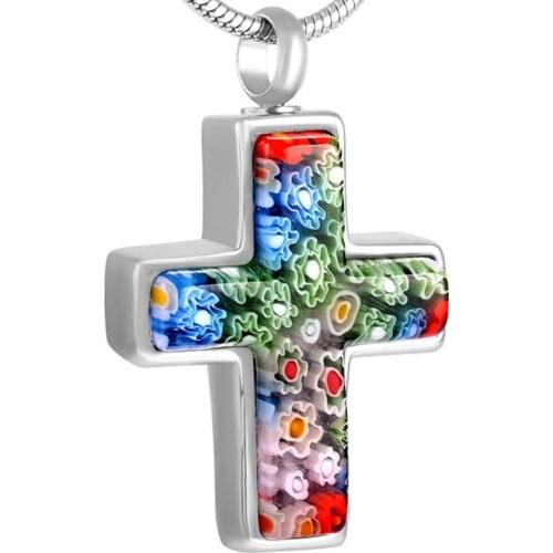 CMJ8546 Beautiful Millefiori Glass Cross Urn Pendant Cremation Jewelry Memorial Urn Necklace for Ashes Christ Cross Urn Charms