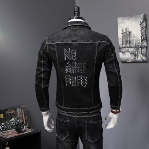 Spring Black Denim Overalls Mens Two Piece Set Long Sleeve Letter Print Jean Jacket Zipper Jeans Fashions Biker Trousers