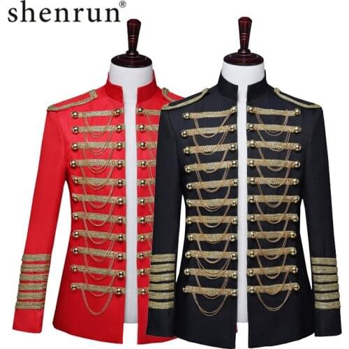 Shenrun Men Military Uniform Court Dress Red Black Slim Blazer Stand Collar Singer Dancer Host Stage Costume Groom Photo Studio