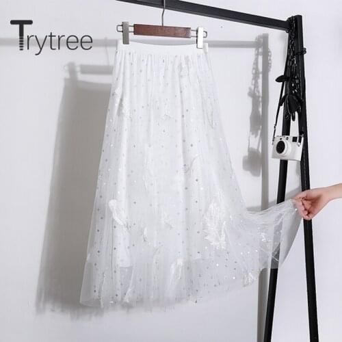 Trytree 2020 Summer Women Casual Skirt 4 Color Fashion A-line Mesh Embroidery Elastic Waist Temperament All-Purpose Style Skirt