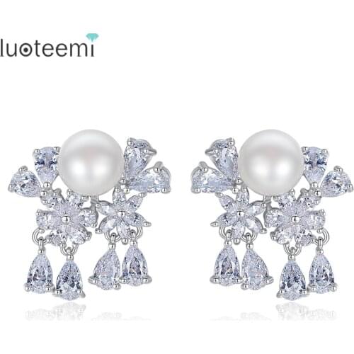 LUOTEEMI Sweet and Lovely Exquisite Fashion Imitation Pearl Stud Earrings with Cubic Zircon Flower Shape For Women Party Jewelry