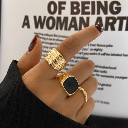 Fashion Black Drop Glaze Oval Shaped Rings Set For Women Men Trendy Gold Color Wide Ring 2021 NEW Jewelry Gifts