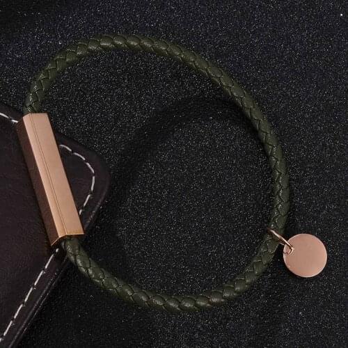 Fashion Unisex Jewelry Green Braided Leather Bracelet Men Women Stainless Steel Magnetic Buckle Woven Leather Wristband SP0698