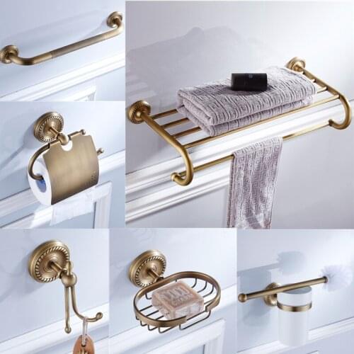 Solid Brass Antique bathroom hardware accessories set European carved toilet brush holder towel ring soap dish