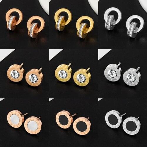 New Fashion Colorful Cubic Zirconia Stud Earrings For Women Statement Vintage Roman Numeral Stainless Steel Earrings 2021 Trend