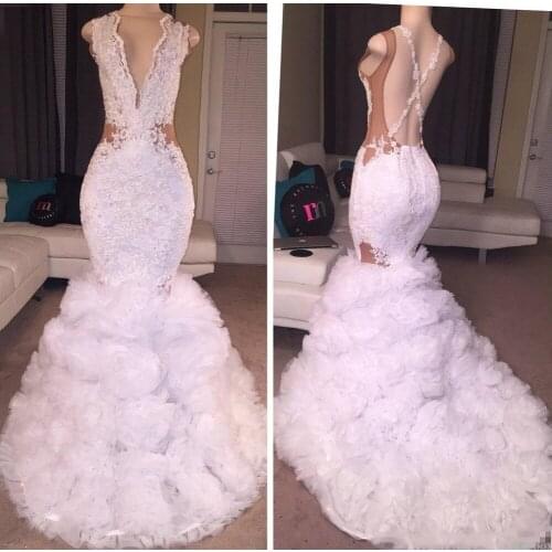 New Lace Mermaid African Prom Dresses 2020 V Neck Puffy Skirt Sexy Criss Cross Backless Long Train Party Evening Gowns