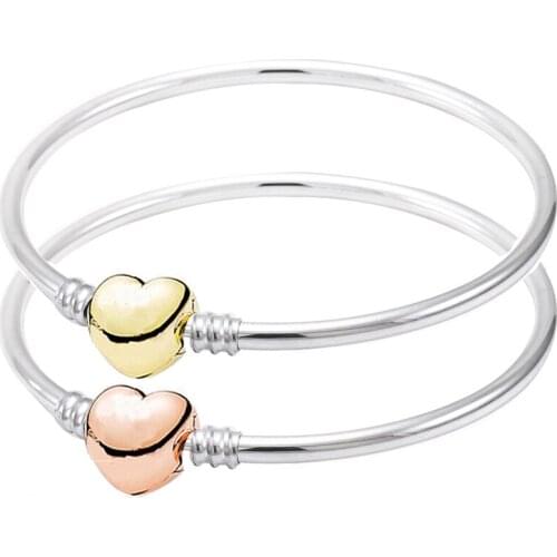 Original Rose Gold Love Heart Clasp Snake Chain Bangle Bracelet Fit 925 Sterling Silver Bead Charm Bangle Diy Fine Jewelry