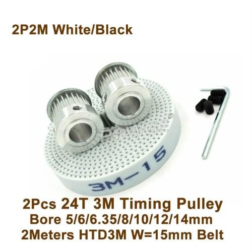 POWGE 2pcs 24 Teeth 3M Timing Pulley Bore 5/6/6.35/8/10/12/14mm + 2meters PU HTD3M Belt W=15mm 24T 24Teh 3M Timing Belt Pulley