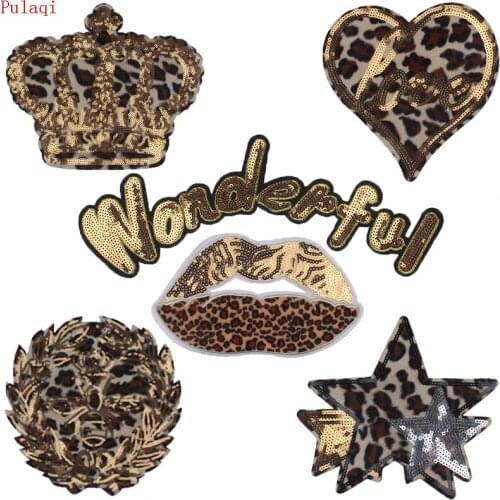 Pulaqi Lip Sequins Patches Sewing Fabric Heart Stars Patches Print Leopard Stickers Sew On Clothing Patches For Sewing Accessory