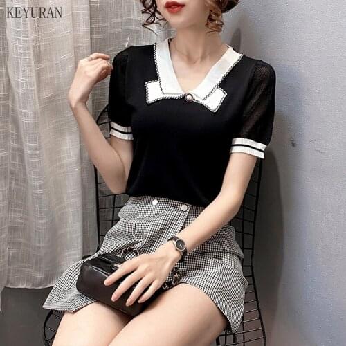 Plus Size Knitted Thin Mesh Sweater Summer Womens Bowknot V-neck Short-sleeved Knitted T-shirt Loose Tops Woman Black White