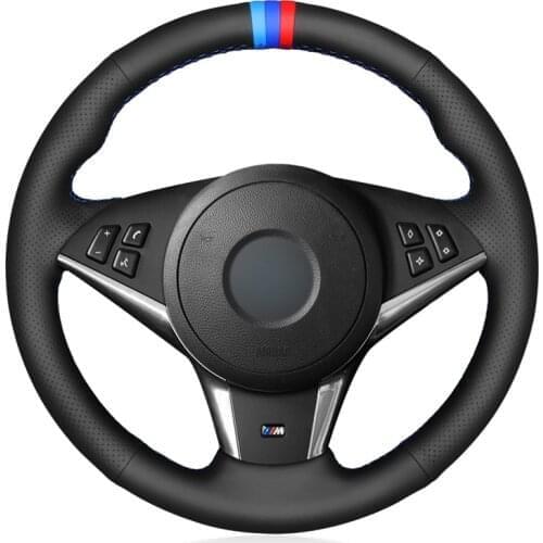 Hand-stitched Black Artificial Leather Car Steering Wheel Cover for BMW M5 E60 E61 (Touring) 2005 2006-2010 M6 E63 E64 2005-2010