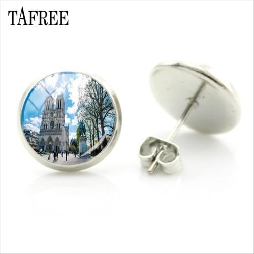 TAFREE Notre Dame de Paris Stud Earrings for men women small Earrings friends gift round glass cabochon fashion Jewelry FA339