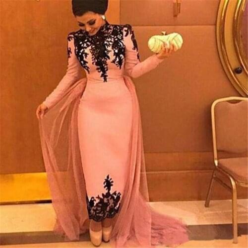Vintage High Neck Ankle Length Evening Dresses with Long Sleeves black Lace Appliques Prom Dresses Formal gowns Vestidos
