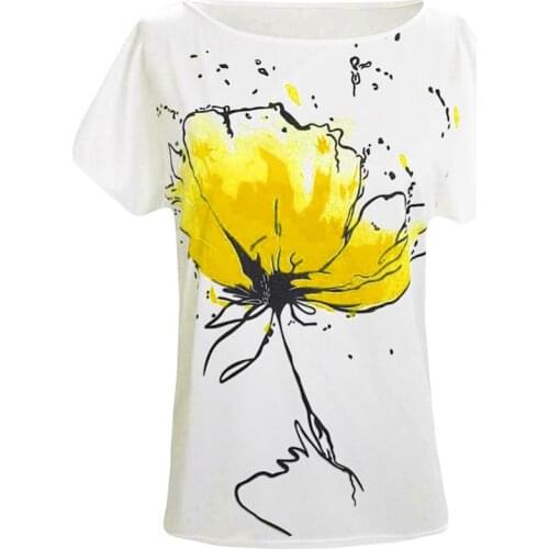 Hot apparel Summer Casual T-Shirt Women Flower Print One Shoulder Loose Short Sleeve T-Shirt Top