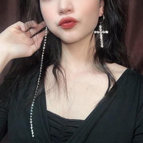 GSOLD Asymmetric Full Rhinestones Shiny Exaggerated Long Tassel Earrings Gentle Cross Earring Women Statement Fashion Jewelry