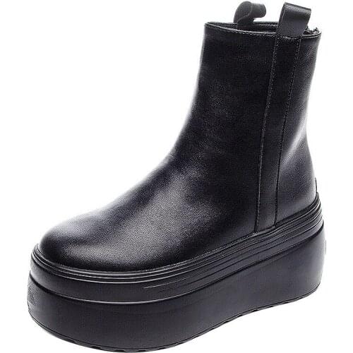 Geunine Leather Super Thick Sole Womens Boots Genuine Leather Autumn Motorcycle Boots Ladies British Womens Ankle Boots