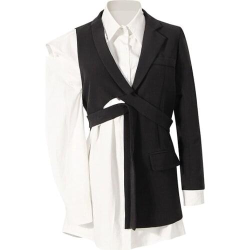 SeeBeautiful Irregular Spliced Loose Blazer Coat Notched Long Sleeve Belt Pocket Women Autumn 2021 New Fashion Tide G468