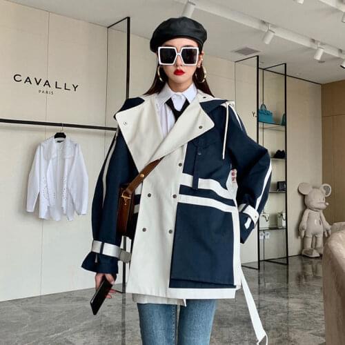Korean Blue Beige Patchwork Color Contrast Short Trench Coat Plus Sashes Women Loose Hooded Casual Autumn New Female Windbreaker