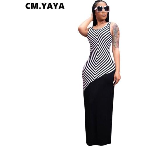 CM.YAYA Women Long Dress Print Sleeveless O-neck Empire Stretchy Bodycon Maxi Dresses Vintage Party Vestidos Summer Outfits 2021