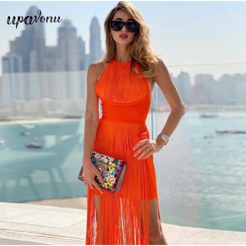 Free Shipping Orange Party Sexy Halter Sleeveless Fringed Bodycon Bandage Dress 2021 Summer Ladies Fashion Elegant Dress Vestido