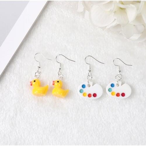 1Pair Drop Earrings Cute 3D Mini Duck Flat back Drawing board Cartoon Handmade Resin Earrings Jewelry For Woman And Children