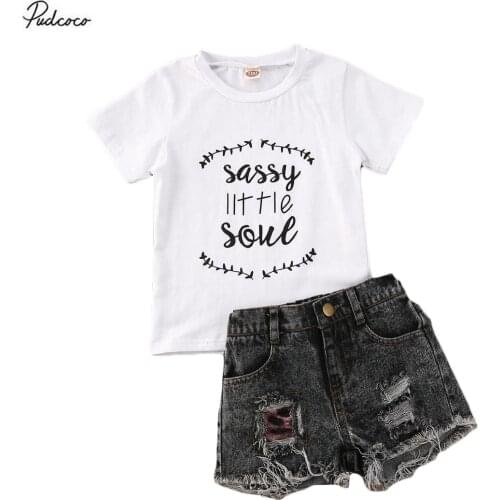 2020 2-6Y 2pcs Summer Toddler Baby Girl Clothing Set Letter Printed Short Sleeve Top T-shirt Denim Pant Outfits Set