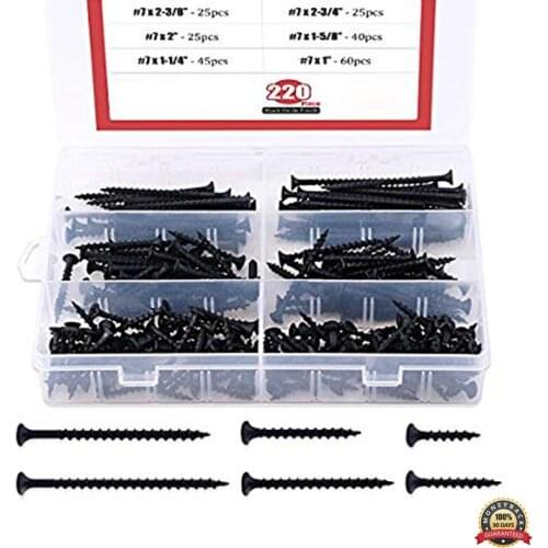 220Pcs #7 Coarse Thread Drywall Screw Assortment Kit Bugle Head Phillips Drive Black Oxide Finish for Drywall Sheetrock Wood