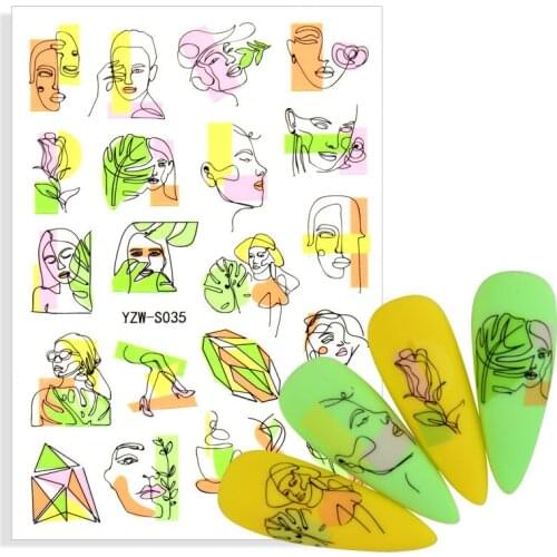 3D Nail Sticker Stick Figure Woman Face Pattern Adhesive Transfer Picture Flowers Sliders Sticker DIY Nail Art Decoration Decals