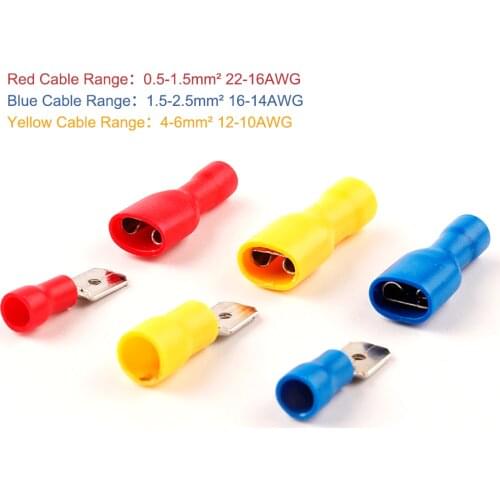 6.3mm Female Male PVC Connector Electrical Wiring Connector Insulated Crimp Terminal Spade Blue Yellow Red FDFD MDD2