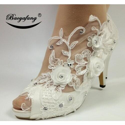 BaoYaFang 2019 New arrival fashion shoes For woman White Flower Wedding Bridesmaid shoe Ankle Strap High shoes sweet party shoe