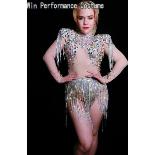 Sparkly Silver Tassel Bodysuit Women Birthday Celebrate Costume Female Singer Bling Tassel Bodysuit Performance Dance Wear