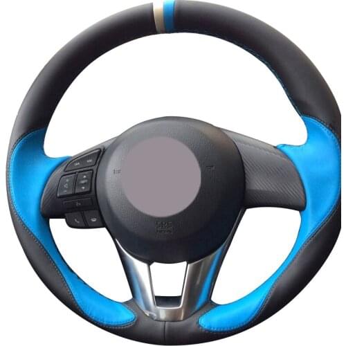 Black Leather Light Blue Leather Car Steering Wheel Cover for Mazda 3 Axela Mazda 6 Atenza Mazda 2 CX-3 CX3 CX-5 CX5 Scion iA