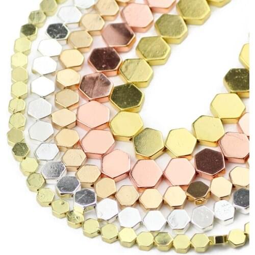 Rose Gold Silvers Flat Hexagon Hematite Natural Stone Spacer Loose Beads For Jewelry Making Diy Bracelet Necklace 4/6/8MM 15"