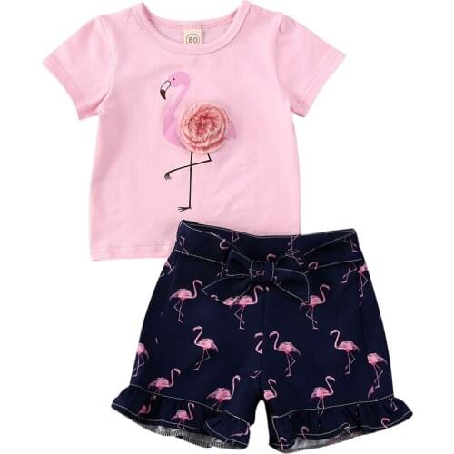 2020 Infant Kids Toddler Baby Girl Clothes Sets Flamingos Print Short Sleeve Tops Shorts Holiday Outfit Set Clothes