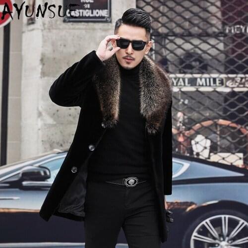 AYUNSUE Mens Clothing winter Men Jacket Real Raccoon Fur Collar Coat Sheep Shearing Jackets Thick Clothes Ropa Hombre LXR451