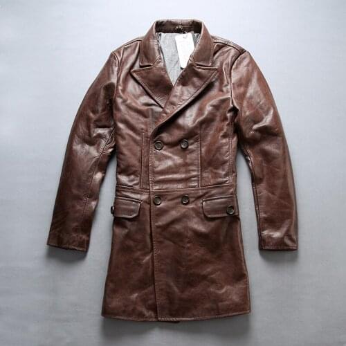 AVIREX FLY 2018 Fashion genuine leather jacket men brown slim fit long real leather coat cowskin turn-down collar men' jacket