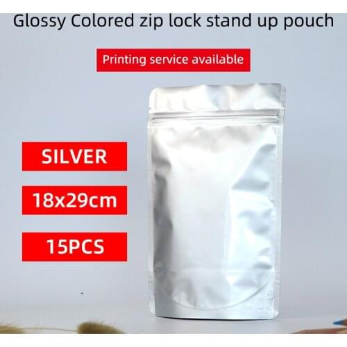 18x29cm 15pcs stand up pouch with zipper silver aluminum foil zip lock bag resealable tea coffee food packaging bag