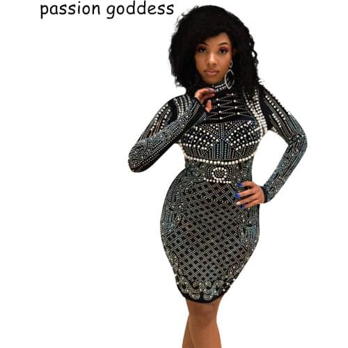 Fashion Women Autumn Plus Size Long Sleeve Sexy Bodycon Mini Party Dresses Half High Collar Zipper Beading Diamonds Bling Dress