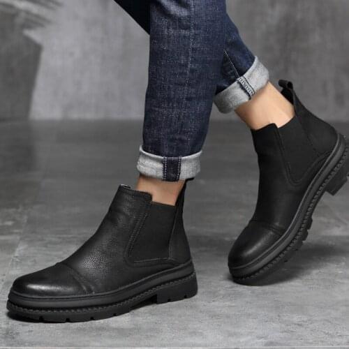 New Classic Black Men Chelsea Boots Genuine Leather Martin Boots Men Shoes High Quality Winter Fur Mens Ankle Boots botas hombre