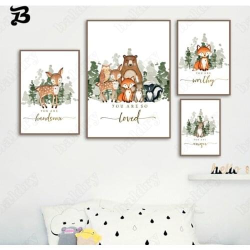 Animal Wall Art Canvas Painting Bear Fox Deer Rabbit Nordic Posters and Prints Wall Pictures for Childrens Bedroom Home Decor