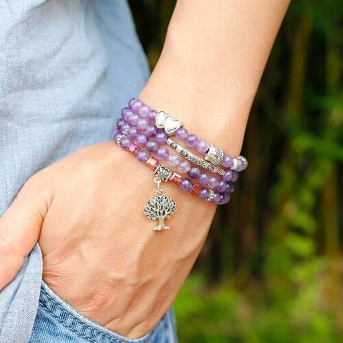 Natural Amethyst Purple Quartz Crystal 6mm Buddhist Buddha Meditation 108 Prayer Bead Mala Bracelet Women Necklace Jewelry