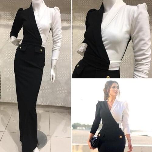 New Arrival White Black Long sleeve evening dresses 2020 V Neck Formal dress Party gown vestido longo festa Cheap evening dress