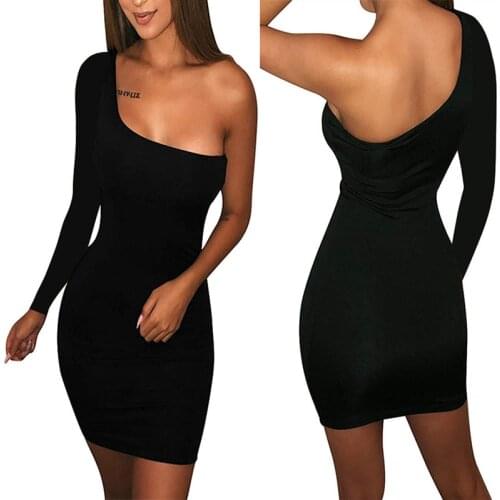 Autumn long sleeve One Shoulder Straps Slash Neck High Waist Sexy Women Solid Club Mini Dress