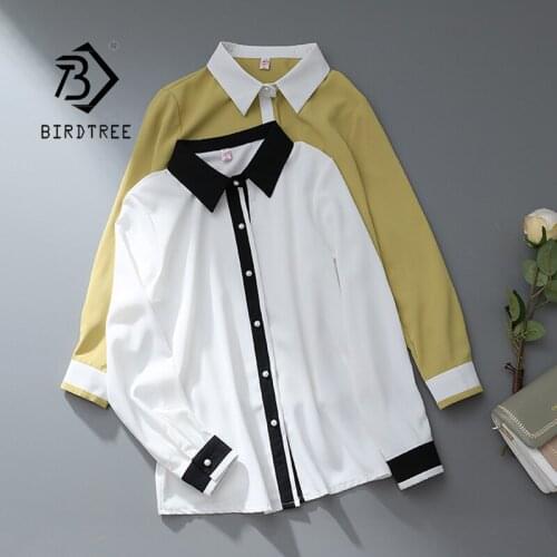 Autumn New Women Vintage Contrast Color Office White Shirts Turn-Down Collar Lantern Sleeve Chiffon Blouse Casual Basic Tops T18
