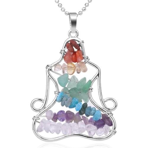 Chakra Chip Stone Healing Pendant Silvertone 7 Color Chip Natural Stone Necklace with Chain